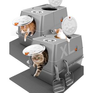 2PACK Stainless Steel Litter Box with Lid, XL Extra Large Litter Box Enclosed Top Entry Metal Litterbox for Big Cats & Multi-Cats, Easy Cleaning Anti Leakage, High Sided with Mat & Scoop, Dark Grey