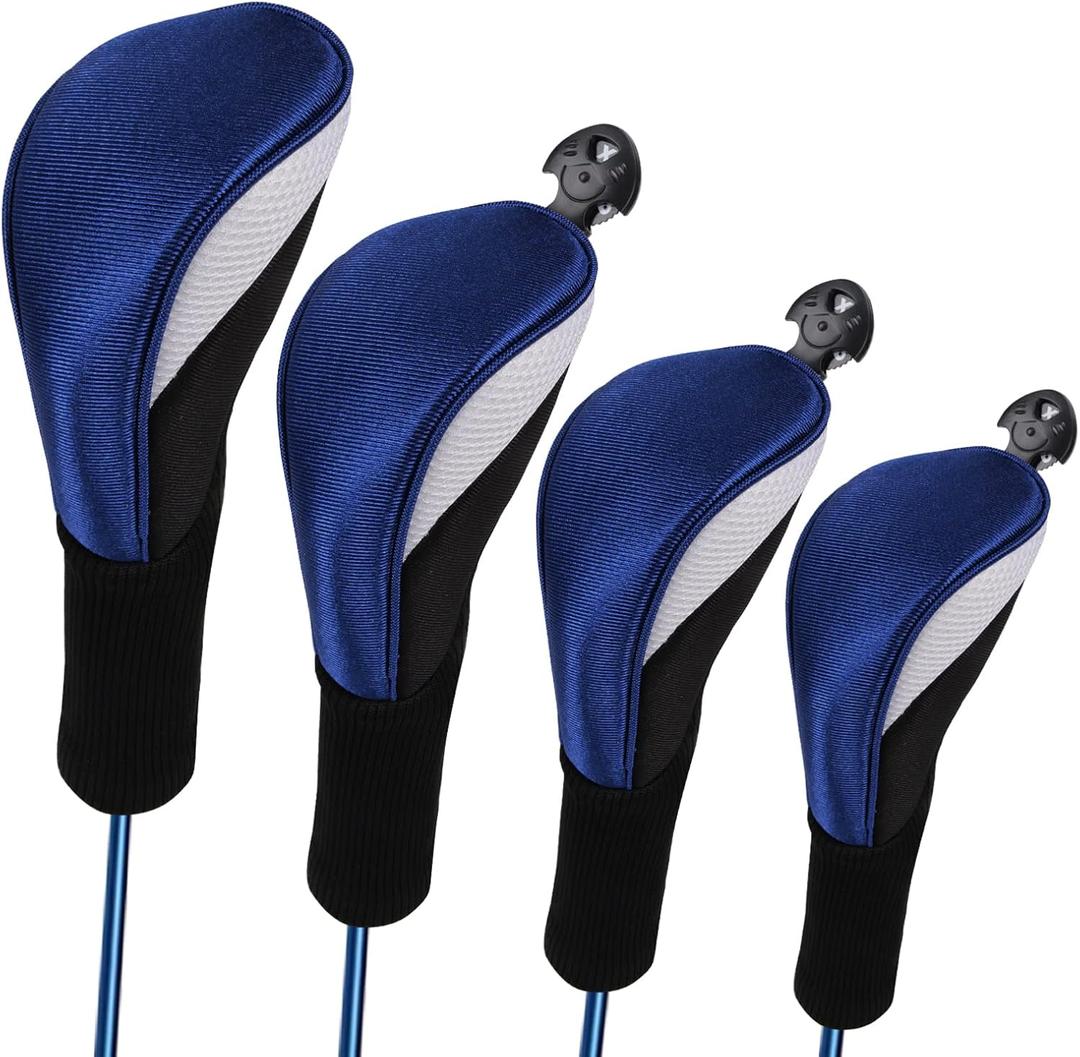 Lybile Golf Club Head Covers for Fairway Woods Driver Hybrids, 4Pcs Long Neck Mesh Golf Club Headcovers Set with Interchangeable No. Tags 3 4 5 6 7 X (Blue)