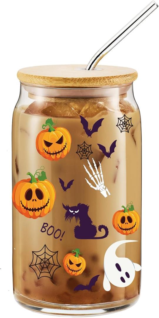 Spooky Halloween Glass Tumbler 16oz - Pumpkin Ghost Skull Cat Design w/Lid & Straw | Goth Fall Cup,Gift for Her, Women & Teens