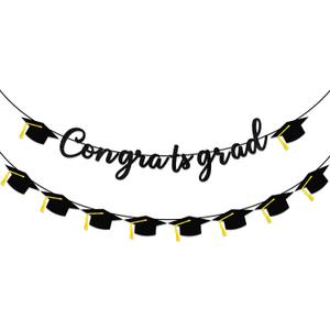 3 x Graduation Decorations Banner, Graduation Decorations 2025, Black Glitter Congrats Grad Banner, Class of 2025 Grad Garland for College High School Grad Party Supplies Decor