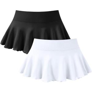 OQQ Women 2 Piece Mini Skirts 2 in 1 Flowy Sexy Basic Stretchy Flared Casual Skirts (Medium, Black White)