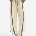 Women's Wide Leg Track Pants Baggy Drawstring High Rise Side Striped Casual Lightweight Parachute Pants with Pockets(Beige,XX-Large)