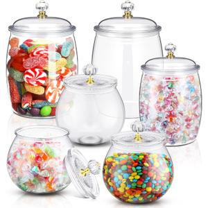 Nuogo 6 Pcs Plastic Candy and Cookie Jar with Lids Decorative Apothecary Jars Candy Buffet Containers Clear Airtight Food Storage Canister Home Decoration(30/42/64 oz,Classic, Stylish)