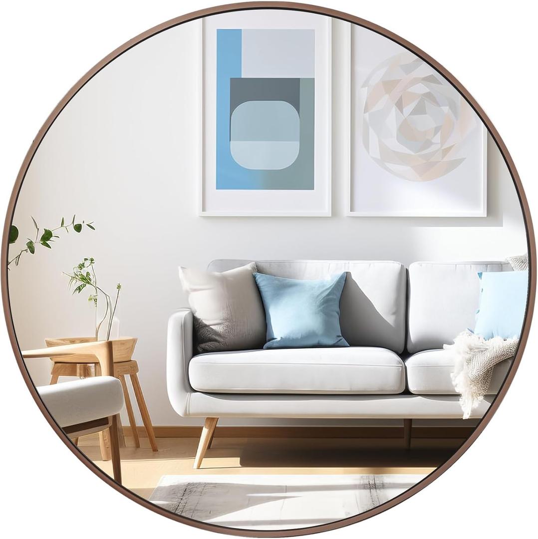 24 inch Circle Wall Mirror, Brushed Bronze Metal Framed Round Mirror for Bathroom Vanity, Bedroom Decor, Living Room, Entryway