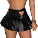 WDIRARA Women's PU Leather High Waist Skirt Heart Print Cut Out Pleated Stretchy Mini Party Skirt Black XS