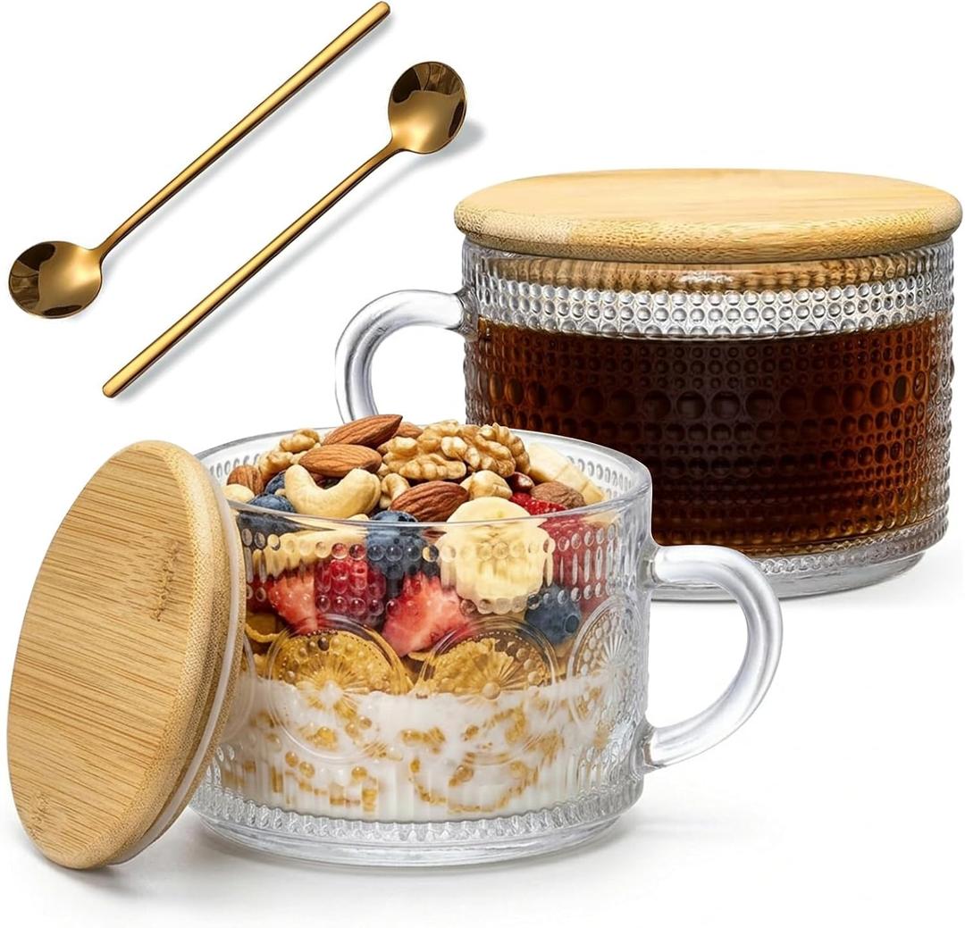 2 x DOPUDO Vintage Glass Coffee Mugs, Overnight Oats Containers With Lids,Glass Cup With Sealed Lid and Spoon,Glass Coffee Mugs, Coffee Bar Accessories, Ideal for Cappuccino, Latte(2-Pack,14oz)