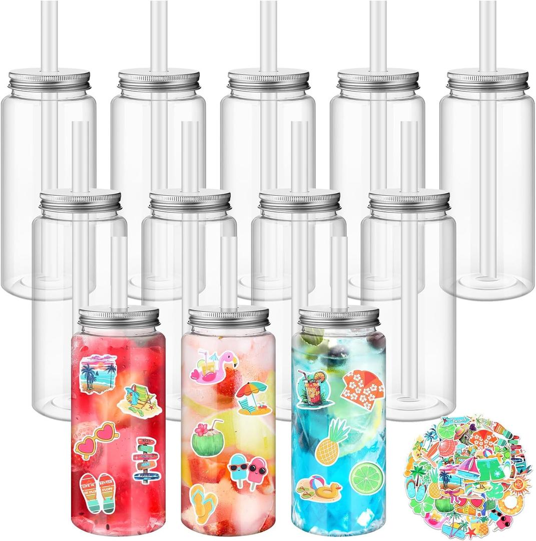 12 Pcs 14oz Plastic Mason Jar Bottles with Straws Lids Clear Cute Reusable Drinking Cups and 43pcs Summer Stickers for Water, Tea, Juice, Beer, Summer Hawaiian Beach Party Supplie