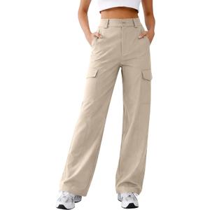 Women's High Waist Cargo Pants with Multiple Pockets Comfortable Flexible Fit Casual Wear Work Hiking (Beige)