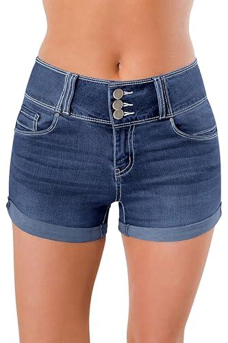roswear Women's High Waisted Stretchy Denim Shorts Cuffed Jean Shorts (Large, Blue)