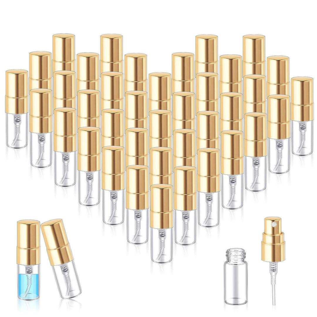 Zhehao 100 Pcs Mini Spray Bottles 2 ml Clear Glass Perfume Bottles Refillable Fine Mist Perfume Atomizer Portable Empty Sample Containers for Cleaning, Essential Oils, Travel (Gold Cap)