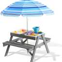 Beright 3-in-1 Kids Picnic Table, Play Sand and Water Sensory Table with Height Adjustable Umbrella & Removable Tabletop, Kids Wooden Outdoor Table, with 3 Storage Bins, Upgraded