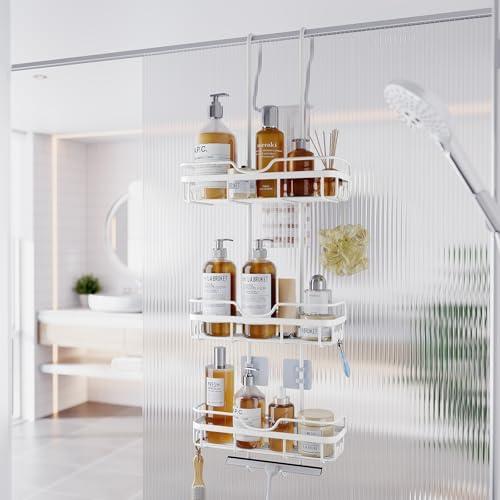 Shower Caddy Over the Door Organizer: Bath Rack Hanging Over Glass with Hooks - Storage Shelf Inside Bathroom for Shampoo - White