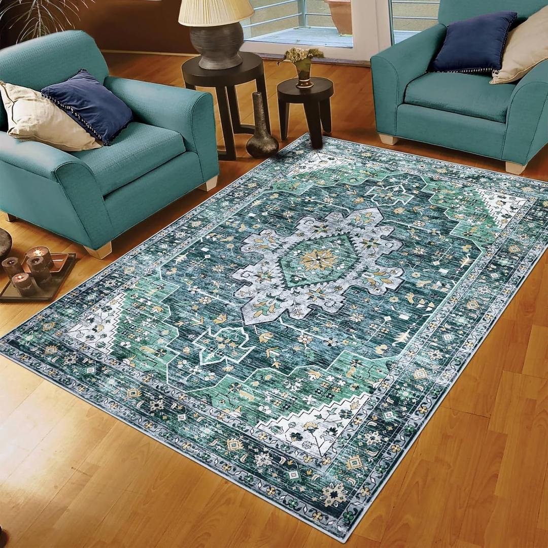 SHACOS 5x7 ft Area Rug for Living Room Machine Washable Non Slip Boho Vintage Low Pile Thin Carpet Soft Throw Rug for Bedroom Kitchen Dining Room Indoor, Teal Blue 5'x7' (5' x 7' (Rectangular))