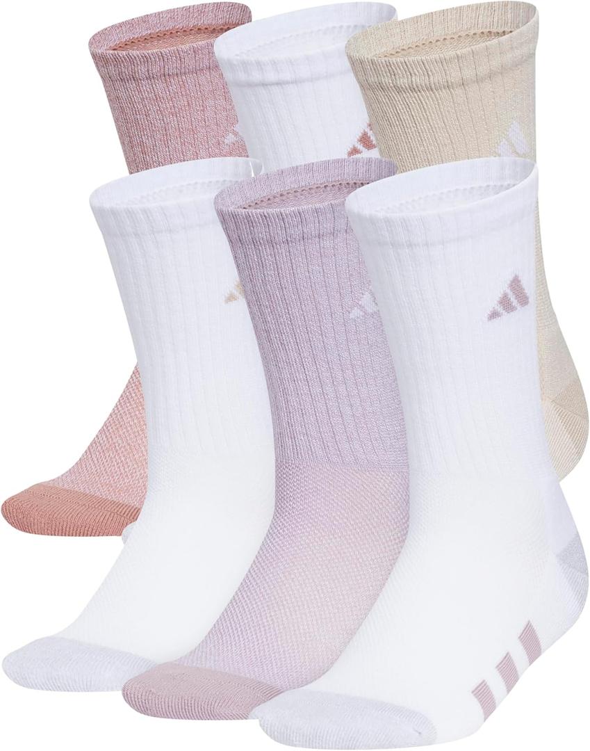 adidas Unisex Youth Athletic Cushioned 6-Pack, Crew Socks Kids for Sports, Durable & Breathable (Large, Warm Clay Pink/Wonder Beige/Preloved Fig Purple/Girls)