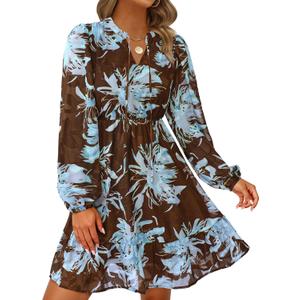 PRETTYGARDEN Women's Fall Boho Dresses 2026 Floral Long Sleeve V Neck Mini Flowy Wedding Guest Dress Trendy Vacation Outfits (Medium, Floral Brown Blue)