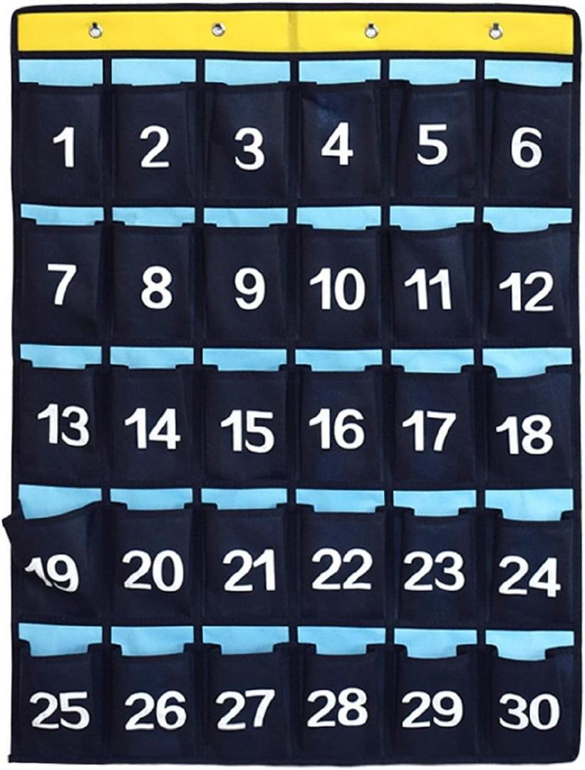 Numbered Pocket Chart Over Door Hanging Classroom Organizer for Cell Phones Calculators Holders Blue (30 POCKETS)
