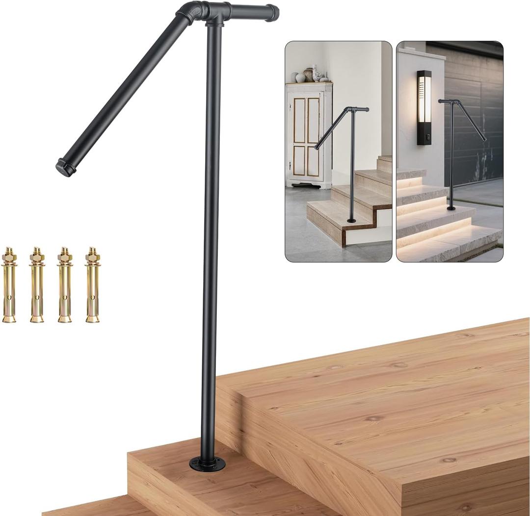 Single Post Handrail for Outdoor Steps - 41" Height Black Powder Coated Steel, DIY Tool Kit Included, Fits 1 or 2 Steps, Easy Installation & Corrosion Resistant