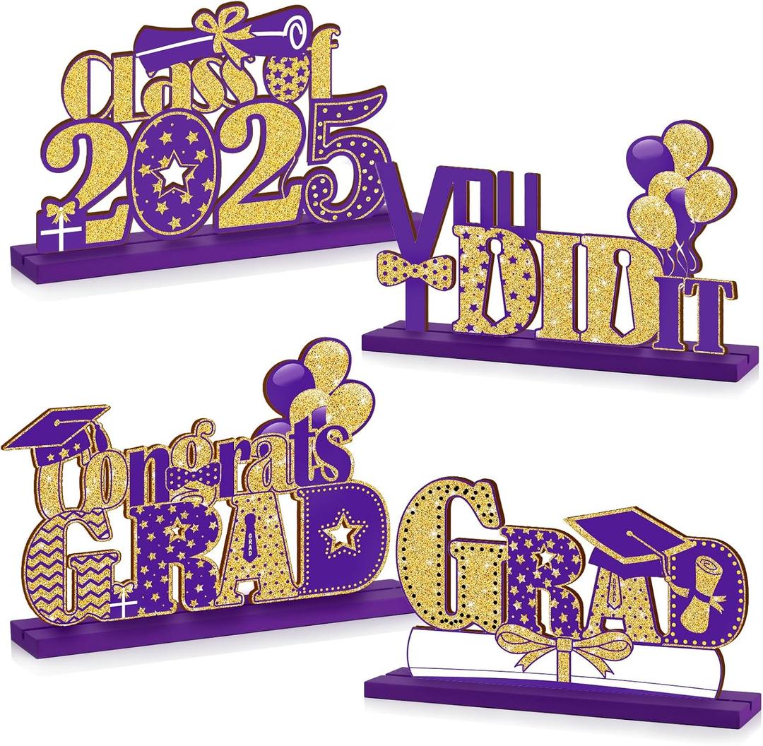 4 Pieces 2025 Graduation Party Decorations Wooden Class of 2025 Table Centerpieces Grad Congratulate Table Toppers for High School College Graduation Party Favor Supplies Photo Booth Props (Purple)