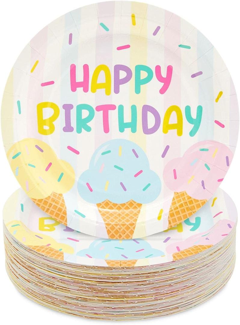 BLUE PANDA Ice Cream Party Decorations, Happy Birthday Paper Plates (7 In Birthday Plates, 48 Pack)