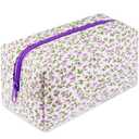 URSKYTOUS Quilted Makeup Bag Floral Large Cosmetic Bag Cotton Puffy Makeup Organizer Coquette Cute Travel Makeup Pouch Kawaii Aesthetic Portable Toiletry Storage Bag for Women Girls (Purple) (EXP 08/25/32)