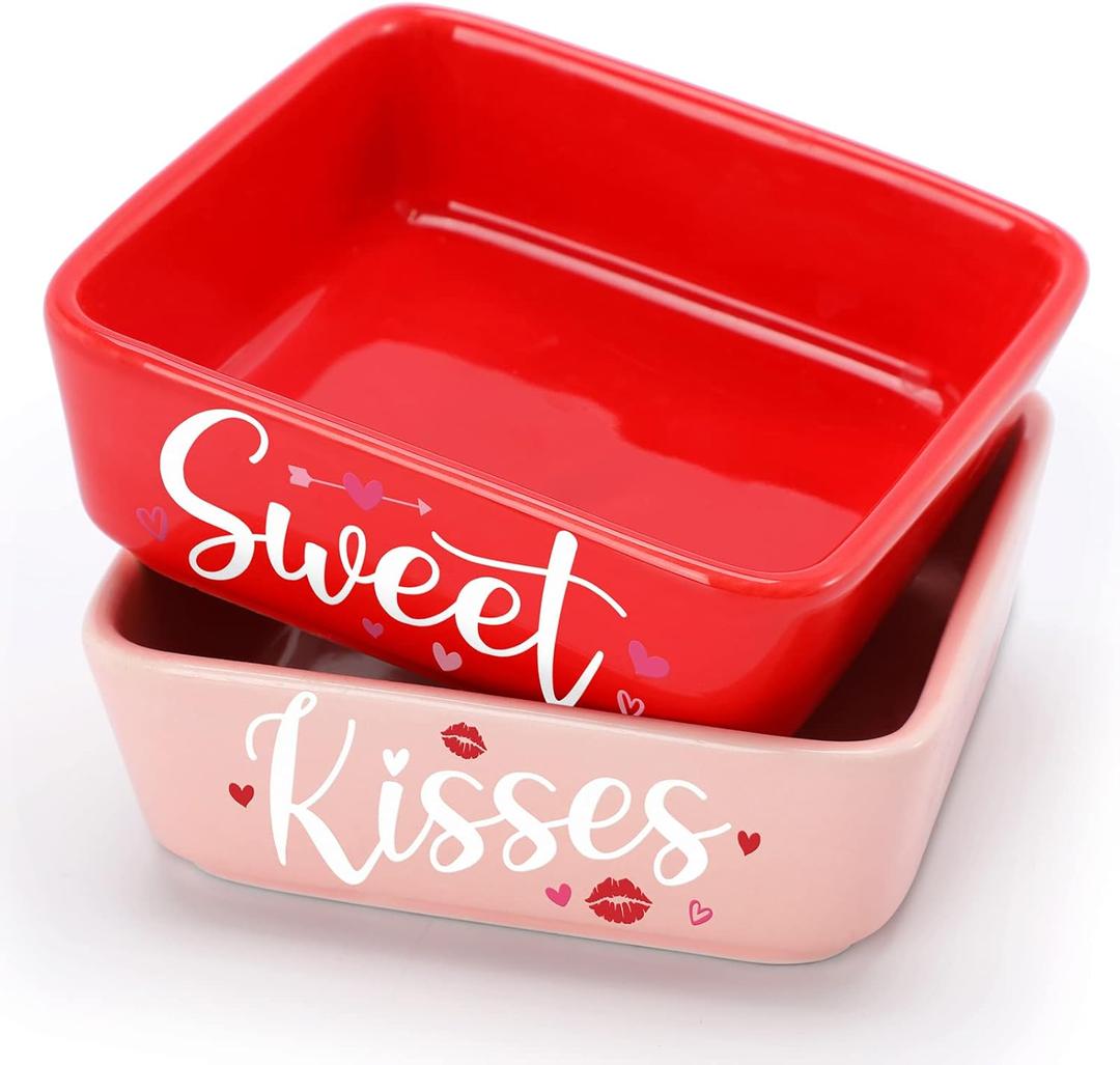 Nefelibata Valentines Day Candy Dish 2Pcs Ceramic Romantic Valentines Candy Bowl for Tiered Tray Decor Sweet Kisses Table Shelf Decorations Farmhouse Home Decor Housewarming Gift Idea