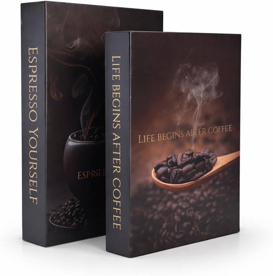 Coffee Bar Decor Faux Books with Hidden Storage - Themed Coffee Bar Sign and Decor Accent - Set of 2 with Gold Foil Lettering and Smoke Design