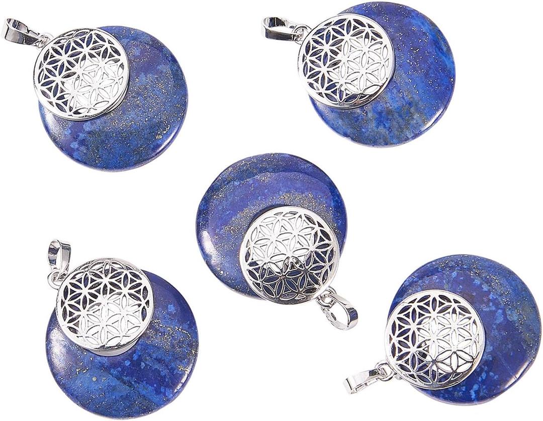 LiQunSweet 5 Pcs Natural Lapis Lazuli Crystal Stone Charms Pendants Flat Round with Flower of Life for Necklace Jewelry Making DIY Crafting Artwork