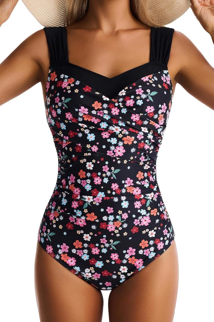 One Piece Swimsuit for Women Tummy Control Wide Straps Bathing Suits Full Coverage Swim Suit Color Block Swimwear (X-Large, Black Pink Floral)