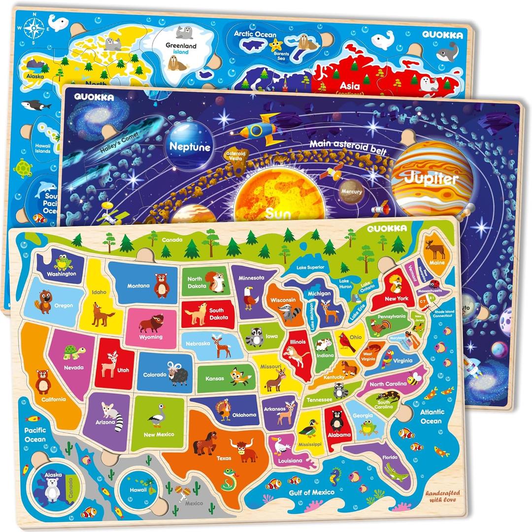 QUOKKA Magnetic Toddler Puzzles Ages 35  3 Educational Travel Games Puzzles for Kids Ages 46  Space, USA and World Map Learning Toys for Boy and Girl 24 Learn United States