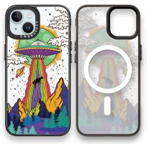 Magnetic for iPhone 15 Magsafe Case Cute Aesthetic - Durable Fashion Funny Phone Case - Girly UFO Pattern Print Cover Design for Woman Girl 6.1 inches Black