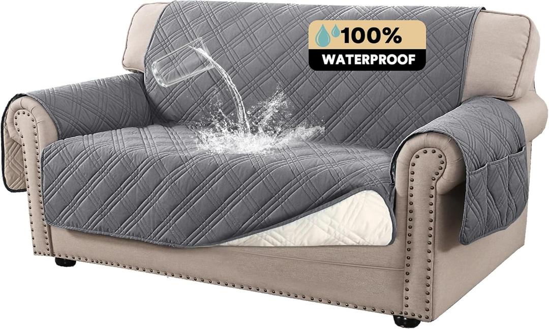 PrinceDeco 100% Waterproof Loveseat Covers for 2 Cushion Couch Sofa Covers Waterproof and Washable Sofa Slipcover with Side Pocket Furniture Protector with Elastic Straps(Loveseat 48", Grey)