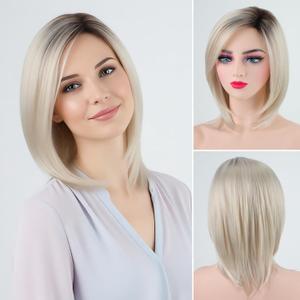 RENERSHOW Short Platinum Blonde Bob Wigs for White Women Ombre Blonde Wig with Brown Roots Straight Heat Synthetic Daily Party Wig(14inch)