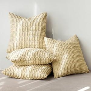 MIULEE Pack of 4 Beige Corduroy Decorative Throw Pillow Covers 18x18 Inch Soft Boho Striped Pillow Covers Modern Farmhouse Home Decor for Sofa Living Room Couch Bed