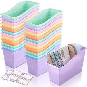 Blosssound 24 Set Book Bins for Classroom with Label Sticker Book Box Baskets Plastic Stackable Organizing Bins Storage & Organization for Classroom Library Home School Supplies (Pastel)