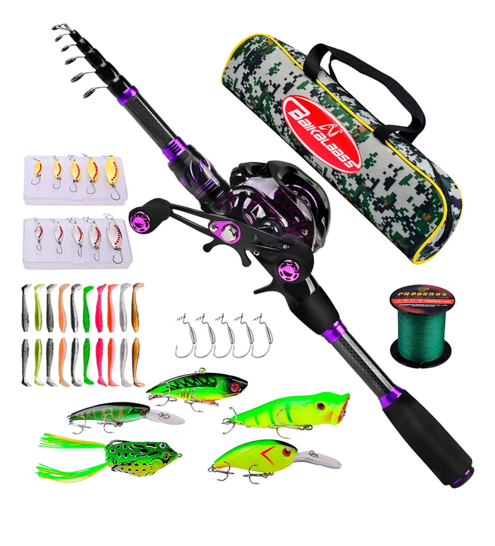 Fishing Rod and Reel Combo - 6.9ft Telescopic Spincast Rod with Left Handed Baitcasting Reel Combos - Sea Saltwater Freshwater Ice Bass Fishing Tackle Set - Fishing Rods Kit