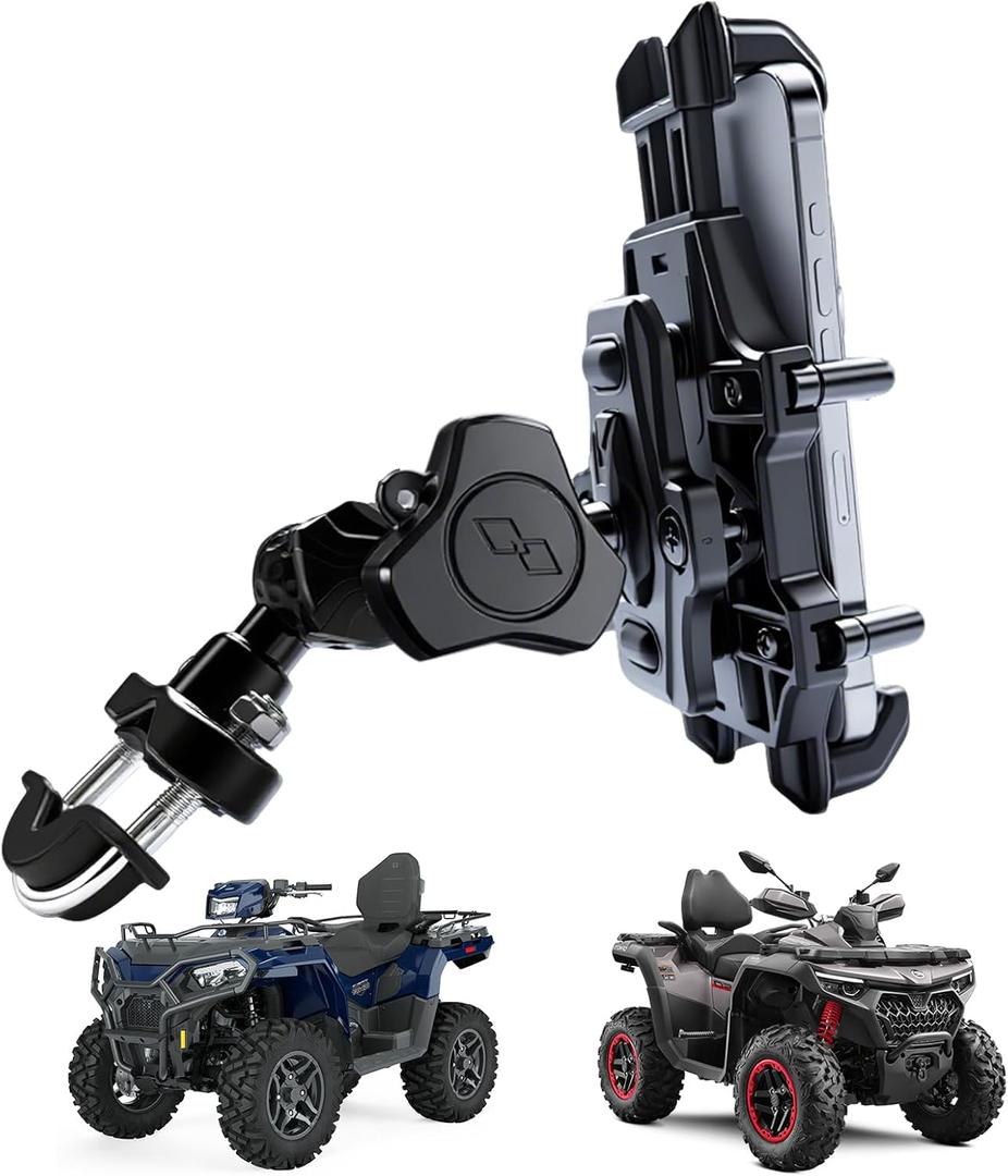 QYMOTO ATV Phone Holder Mount,Motorcycle Handlebar Phone Mount,4 Wheeler Anti Vibration 360 Cell Phone Holder Clamp Fit CFMOTO Cforce,Polaris Sportsman,Can am Outlander Adjustable Fit 4.7"-7.1'' Phone