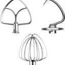 3 Pack Stainless Steel Mixer Attachments Set for KitchenAid 4.5-5 Quart Tilt-Head Stand Mixers, Replacement Parts Kit with K45DH Dough Hook, K45B Coated Flat Beater, K45WW Wire Whip, Dishwasher Safe (Silver)