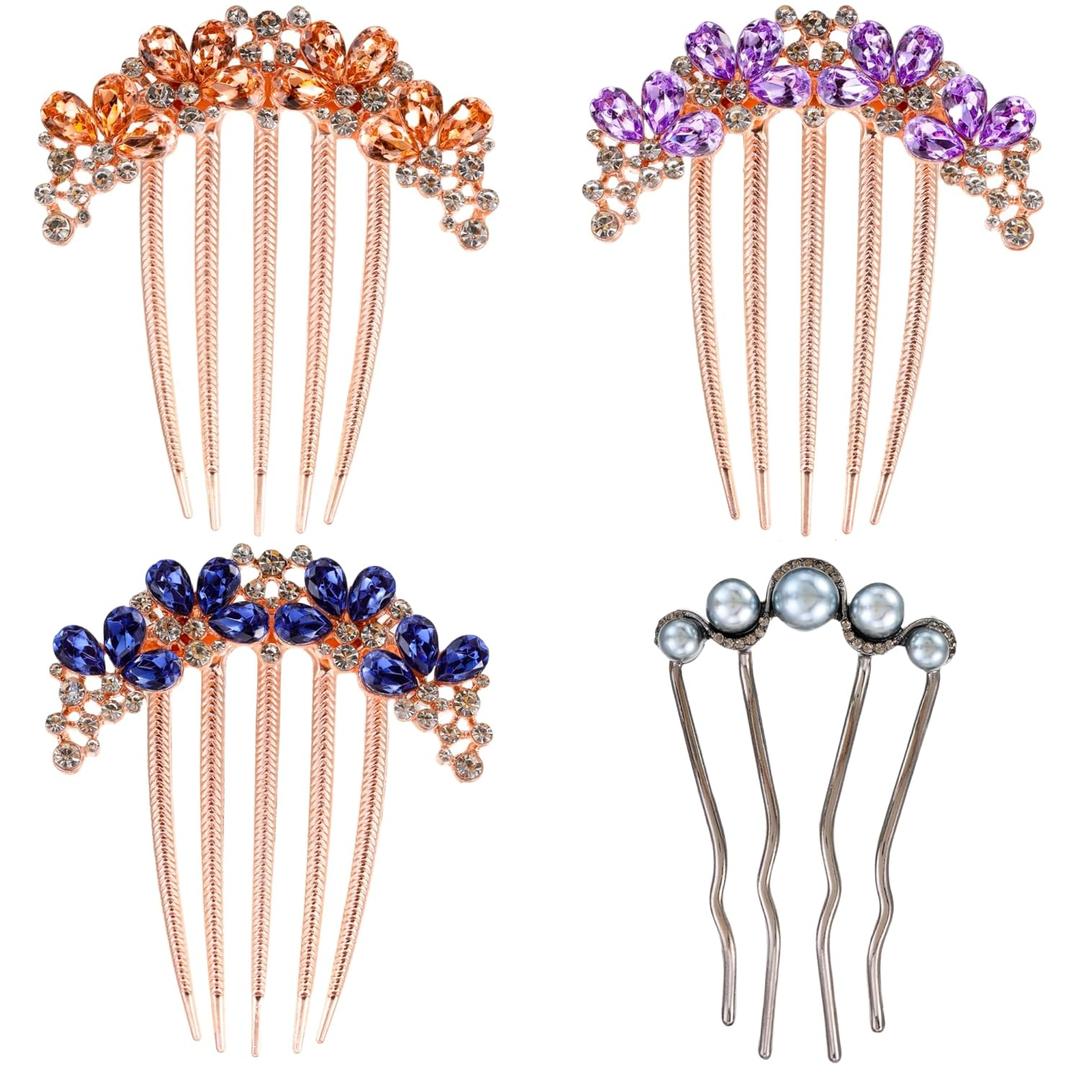Rhinestones Hair Combs for Women, Crystal Wedding Hair Side Combs Artificial Pearls Hairpins with Long Teeth Glitter Sparkly Jeweled Barrettes Clips Long Thick Hair Accessories for Ladies (4 Pack)