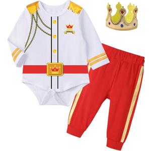 Baby Boys Prince Charming Bodysuits Costume Outfit Royal Prince Dress up with Crown for Infant Halloween Cosplay (3-6 Months)