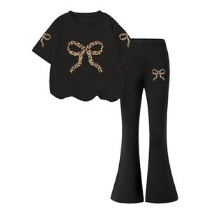 Verdusa Girl's 2 Piece Outfits Short Sleeve Bow Tees and Flared Pants 2026 Summer Clothing Set Size 8-12 Years Leopard Black 11 Years