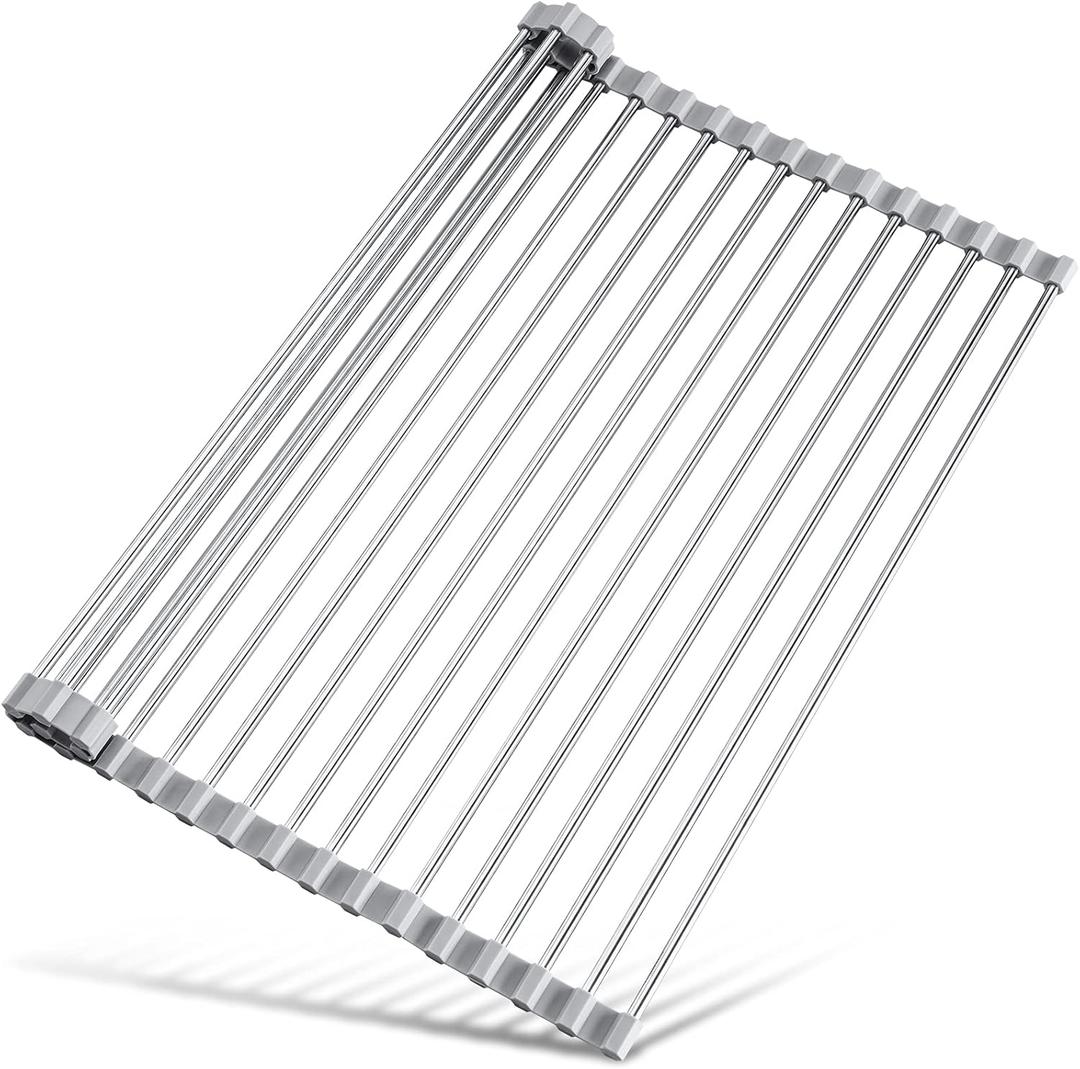 omorotec 17.7" x 15.5" Roll Up Dish Drying Rack Over Sink Drying Rack Sink Cover Kitchen Sink Accessories Gadget Multipurpose Organizer Foldable Stainless Steel Drainer (Grey)