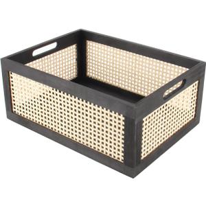 Black Wooden Basket, Rattan Storage Basket for Organizing, 14.96"x11.02"x6.30" (Large (Set of 1))