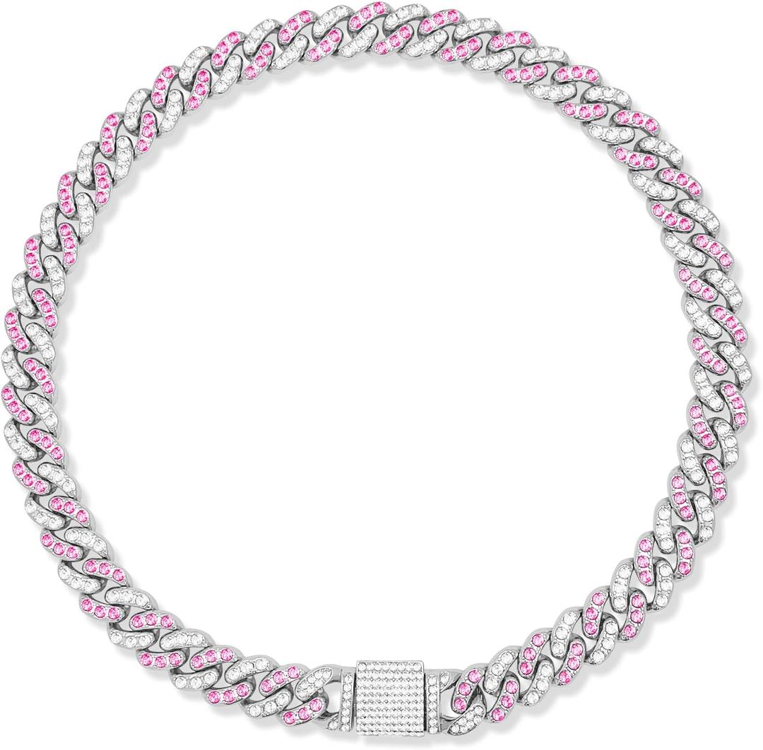 Silver-Plated Pink Diamond Dog Collar - Cuban Style Metal Chain with Secure Buckle, Luxury Durable Collar for Small/Medium/Large Dogs & Puppies (20inch)