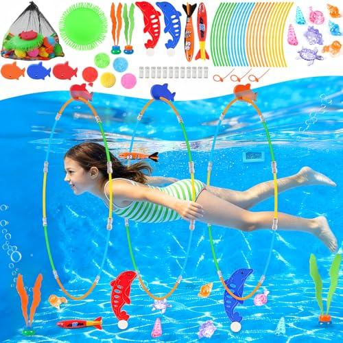 EULRGAUS Pool Toys, 34PCS Swim Thru Rings Pool Games, Diving Toys with Diving Rings, Underwater Treasures, Diving Gems, Water Toys with Splash Balls, Water Frisbee, Swim Toys for Kids, Boys and Girls