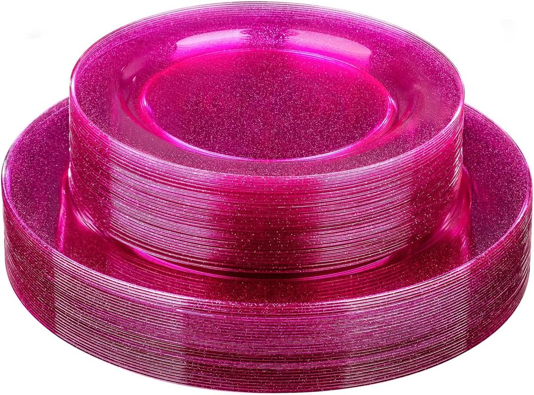 Homy Feel 60PCS Pink Glitter Plastic Plates -Include 30 Dinner & 30 Dessert Plate for New Year Christmas Birthday Wedding Party