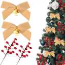24 Pcs Velvet Bows for Christmas Tree with 12 Branch Artificial Red Berry,Vintage Velvet Ornaments Ribbon Bows for Tree Garland Wreath Xmas Decorations (Brown)