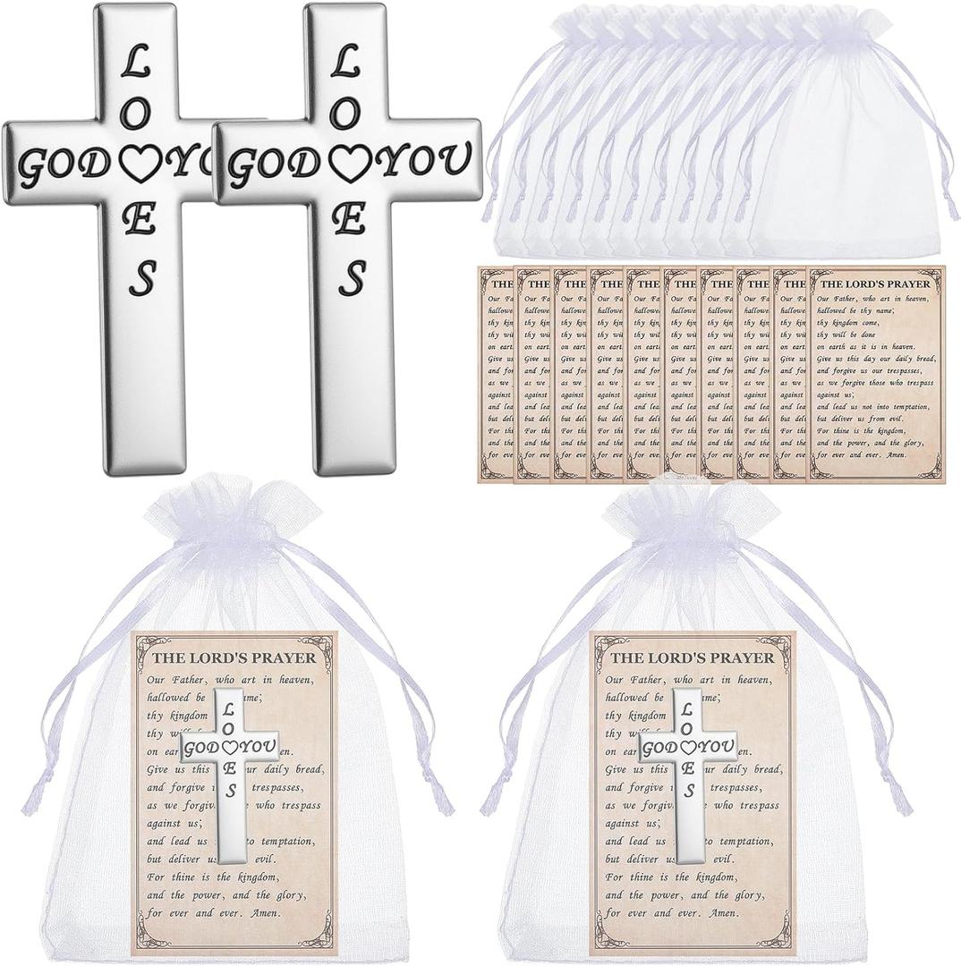 Landical 10 Sets God Loves You Pocket Cross Mini Metal Cross with Prayer Card Organza Bag Encourage Gifts Bulk Christian Faith Reminder for Easter Church Gifts Praying Favor