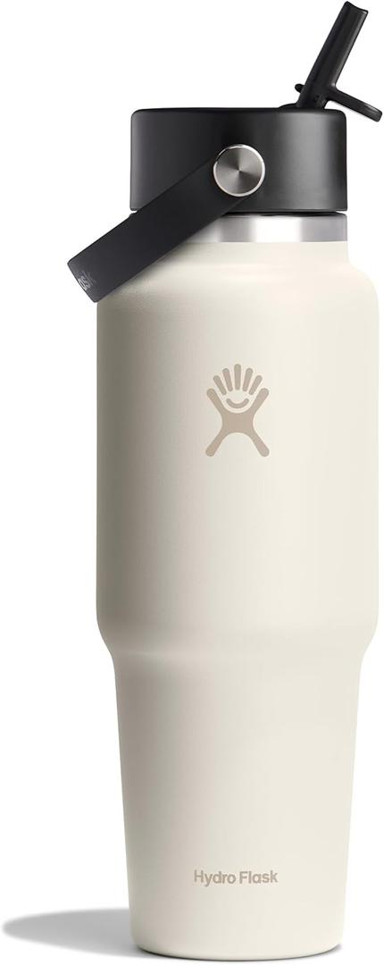 Hydro Flask Travel Water Bottle - Insulated Stainless Steel - Wide Straw Lid, Non Spill, Leakproof in 32 Oz Ivory