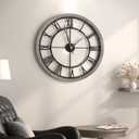 Cuspin Large Wall Clock for Living Room Decor, 24 Inch Round Farmhouse Wall Clocks Decorative Battery Operated with Solid Wood Frame, Non-Ticking Silent Rustic Wooden Clock Roman Numerals