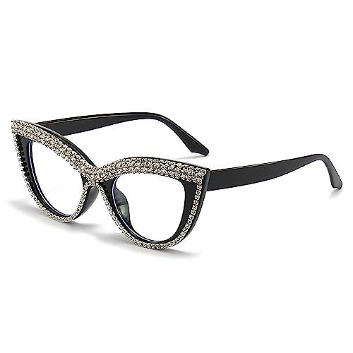 LJCZKA Rhinestone Cat Eye Glasses Women Vintage Anti Eyestrain Blue Light Blocking Computer Glasses Diamond Eyewear (Diamond Black Clear)